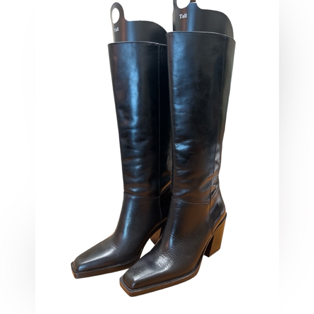 NWT Massimo Dutti Square-Toe Leather Knee High Heeled Boots Size 37
